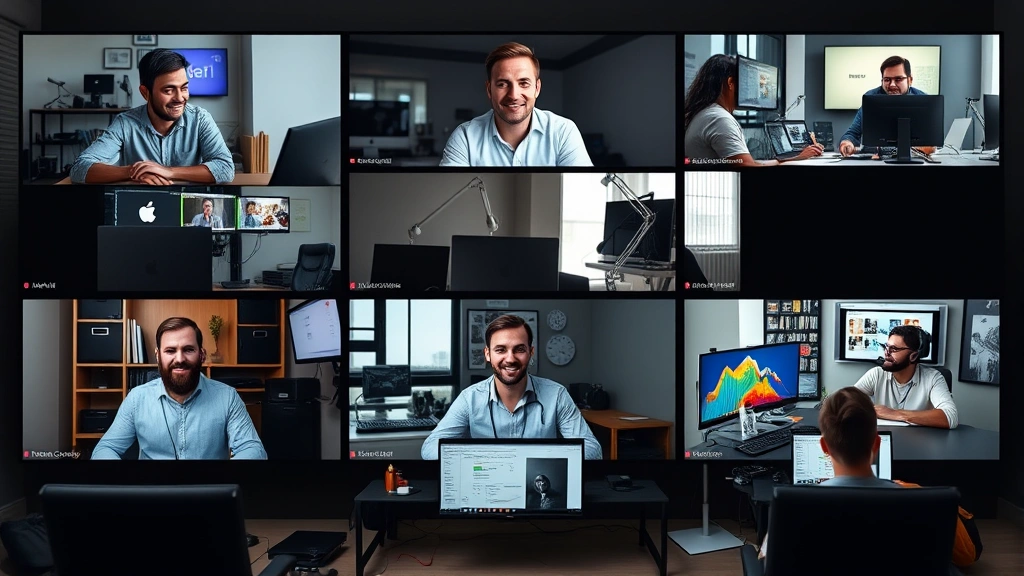 Diverse team of remote contractors collaborating on video call, shown on multiple screens, each in their own home office workspace with different professional setups