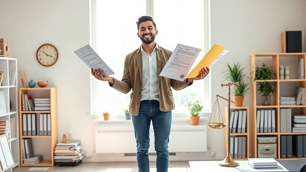 Cheerful freelancer juggling multiple colorful client contract documents while standing on a stable platform, balance scales in background, sunlight streaming through window, organized workspace