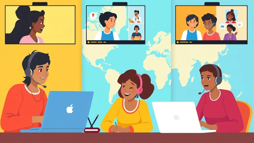 Animated diverse freelancers collaborating virtually across different locations, video call screens showing teamwork, laptops and headsets, bright colors showing remote work flexibility