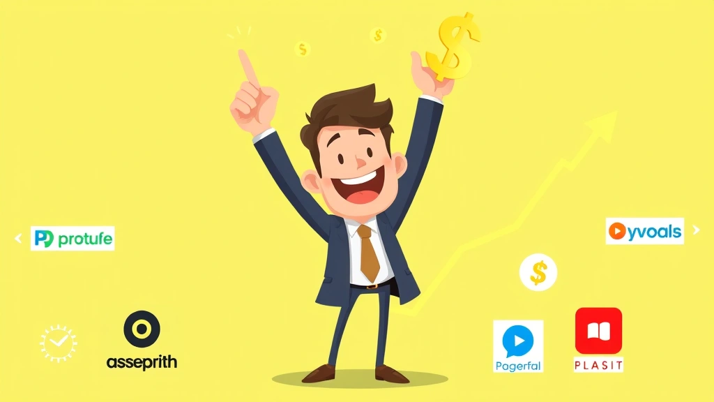 Cartoon professional celebrating income growth with upward trending graph, dollar signs, and diverse client logos, energetic pose showing financial success and earning potential