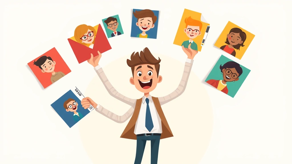 Cartoon freelancer juggling multiple colorful project folders and client faces, dynamic motion, showing variety of work types, professional but playful style