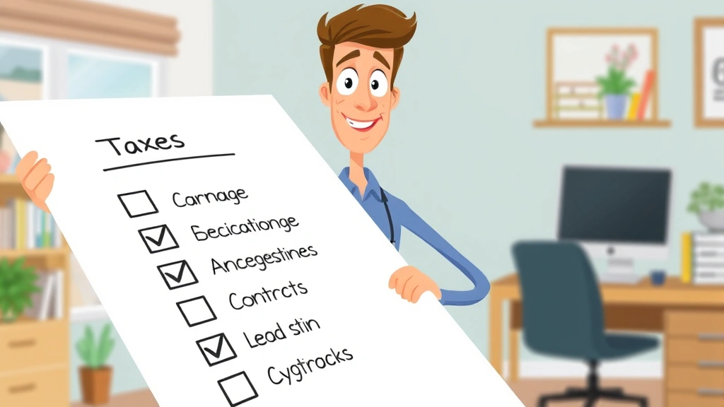 Cartoon character holding a large checklist with items like taxes, health insurance, and contracts checked off, with a satisfied expression in a home office setting