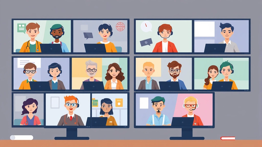 Diverse contractors collaborating remotely via video call on computer screens, multiple people from different backgrounds, cartoon illustration