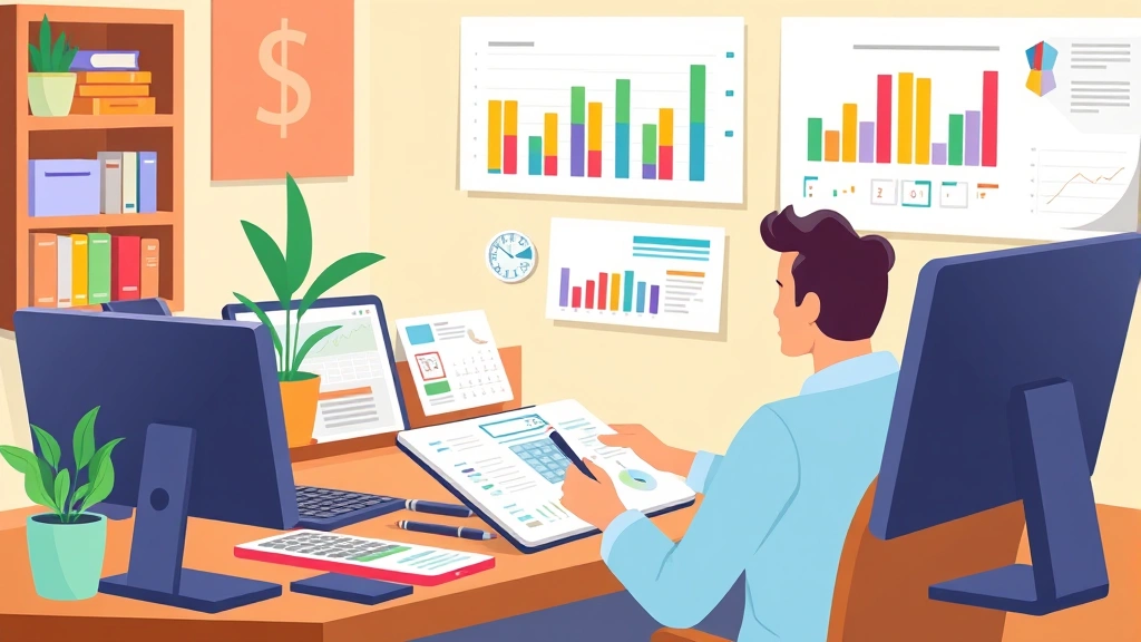 Animated illustration of person organizing finances with spreadsheet, calculator, and charts in colorful business workspace