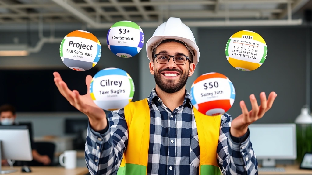 Cheerful contractor juggling multiple project balls labeled with different client names, dollar signs, and calendar dates in vibrant colors with office background
