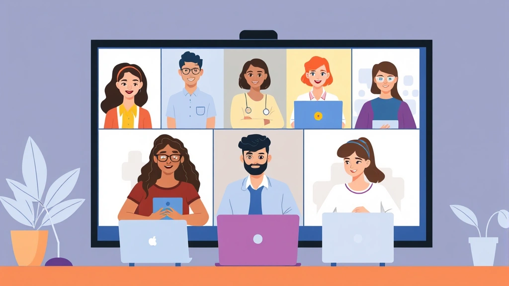 Illustrated diverse group of freelancers collaborating remotely via video call, showing teamwork and professional networking in virtual environment
