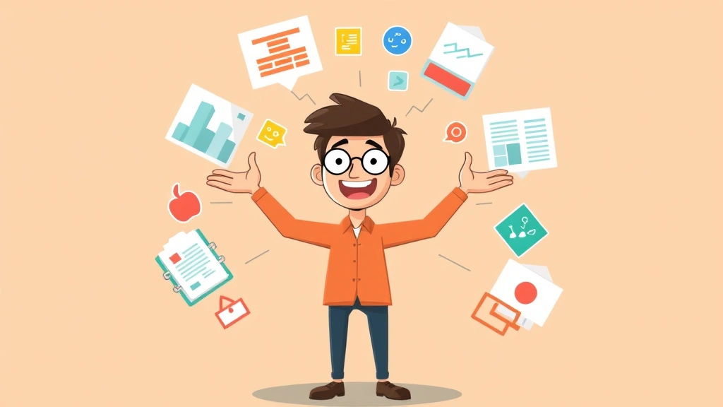 Cartoon character juggling multiple colored projects and clients around them, representing workload management and portfolio diversity for independent contractors