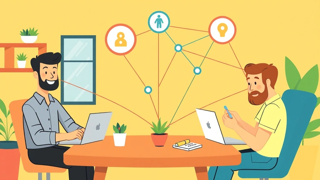 Cartoon illustration of diverse contractors working remotely from different locations—coffee shop, home office, coworking space—connected by digital network lines showing collaboration