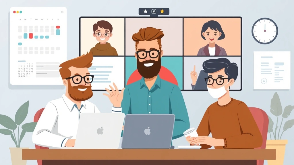 Cartoon diverse group of contractors (developer, designer, writer, consultant) collaborating virtually on video call with calendar and project management tools visible in background