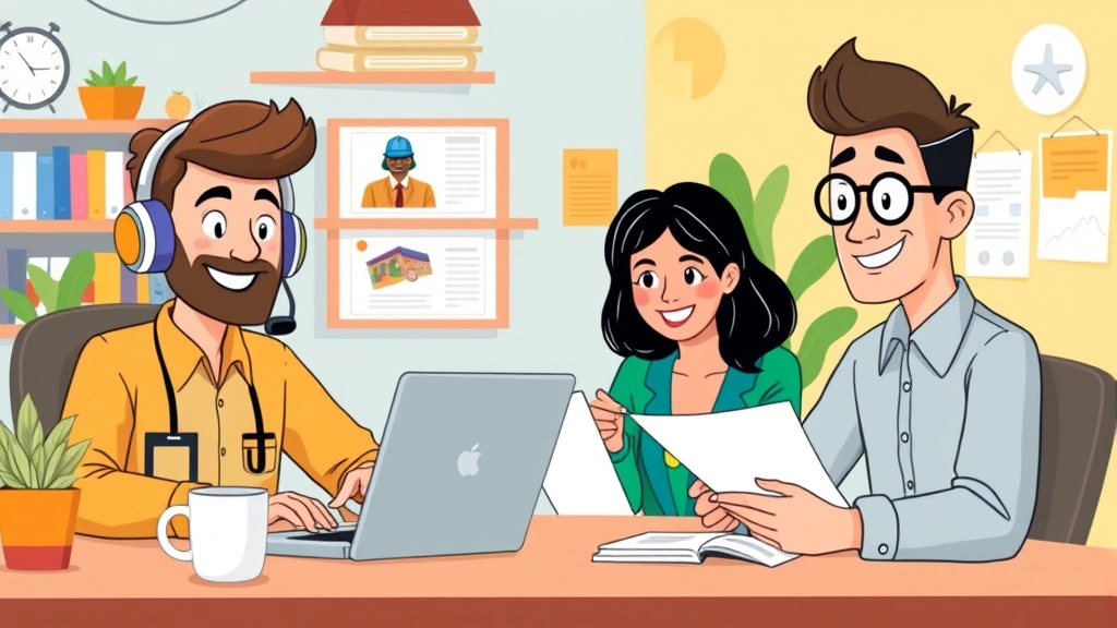 Cartoon diverse contractors collaborating virtually, one on video call with headphones, another typing on laptop, another reviewing documents, colorful workspace with coffee cup, cheerful atmosphere