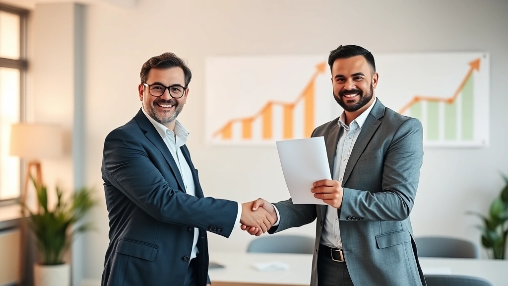 Freelancer celebrating successful client meeting with contract signed, handshake moment, modern office background, professional attire, growth chart visible on wall, confident body language, achievement moment