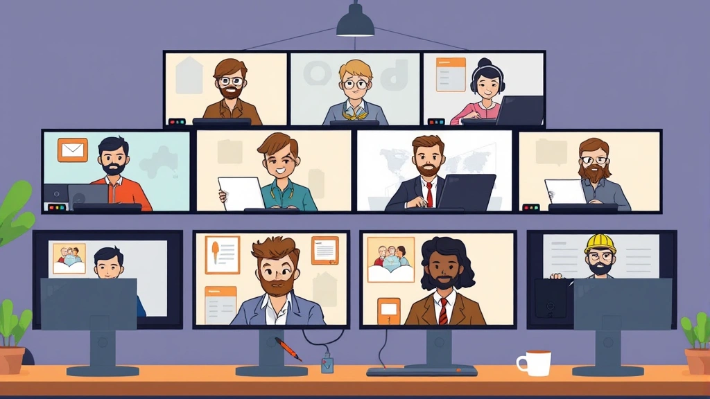Diverse group of contractors video conferencing with clients on computer screens, collaborative remote work environment, modern cartoon style, professional setting