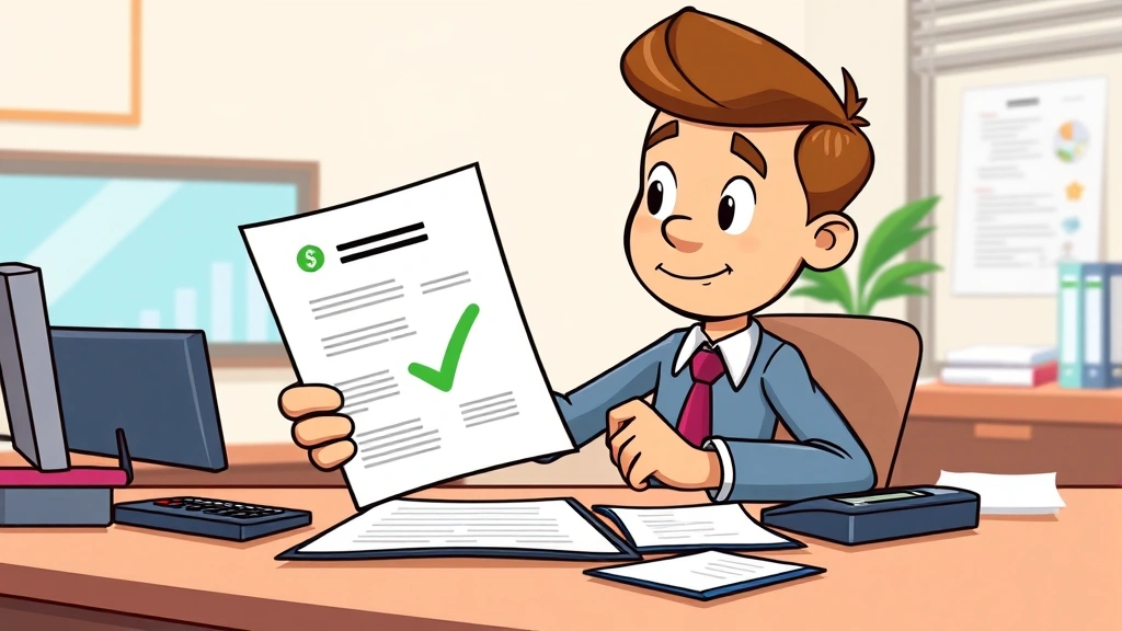 Cartoon character reviewing contract documents with checkmark and dollar signs, professional desk with calculator and notepad, bright business environment, clear and organized