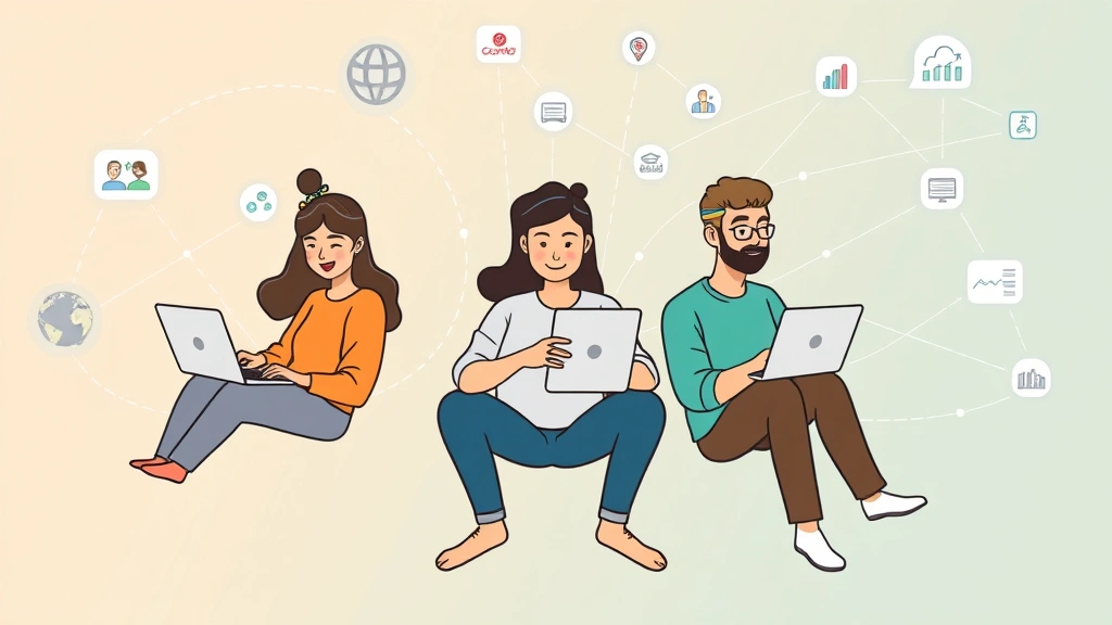 Cartoon graphic showing diverse freelancers on different devices—laptop, tablet, phone—connected by network lines representing global marketplace platforms and client connections