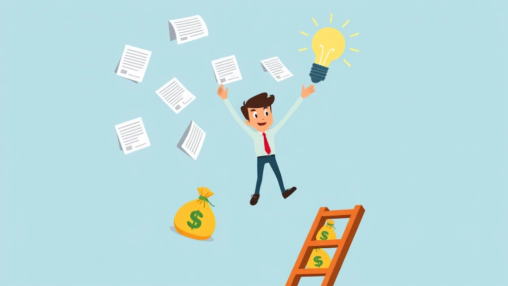 Cartoon character juggling multiple client contracts and money bags while standing on a ladder reaching for a lightbulb, representing freelance income growth and challenges