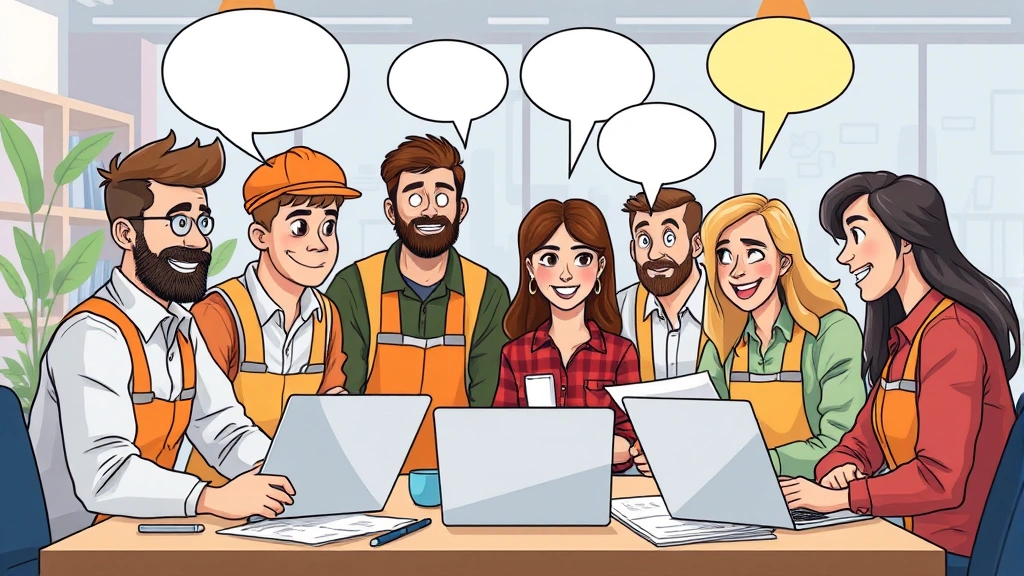 Cartoon diverse group of contractors collaborating on project, sharing ideas with speech bubbles, laptops and documents visible, bright collaborative workspace