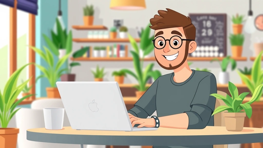 Freelancer working on laptop at coffee shop with smiling expression, colorful workspace with plants and natural lighting, cartoon illustration style