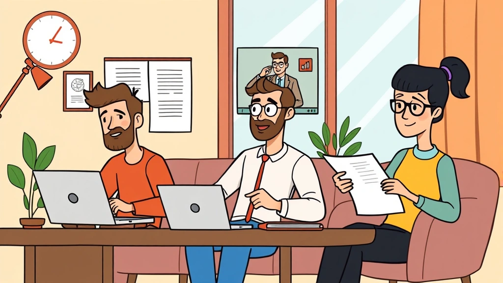 Cartoon diverse group of independent contractors working remotely - one on laptop, one on video call, one reviewing papers - showing flexibility and autonomy of 1099 work
