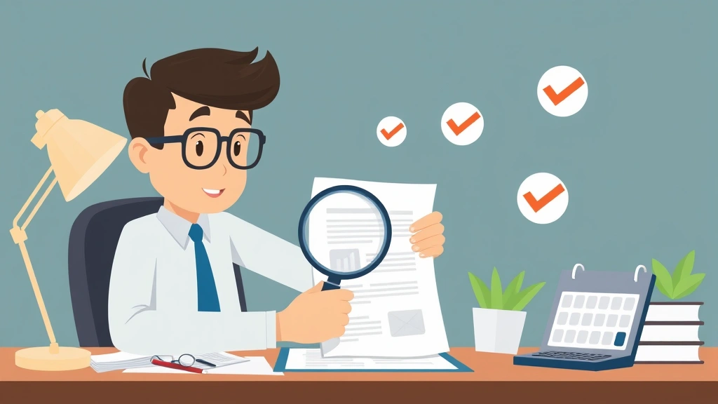 Cartoon professional reviewing contract document with magnifying glass, checkmark symbols floating around, organized desk with calendar and calculator, modern minimalist style