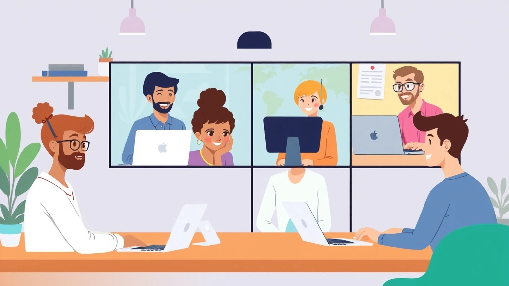 Cartoon diverse freelancers collaborating virtually on video call, each in their own workspace with laptops, showing teamwork across locations