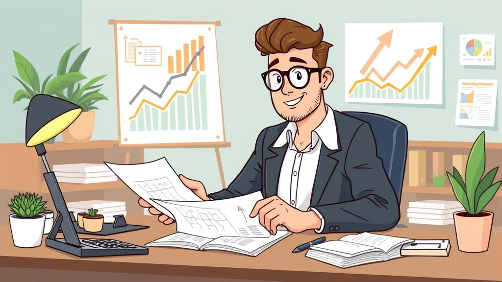 Confident contractor reviewing financial charts and tax documents at desk, calculator nearby, growth arrow pointing upward, organized workspace with plants, professional cartoon aesthetic