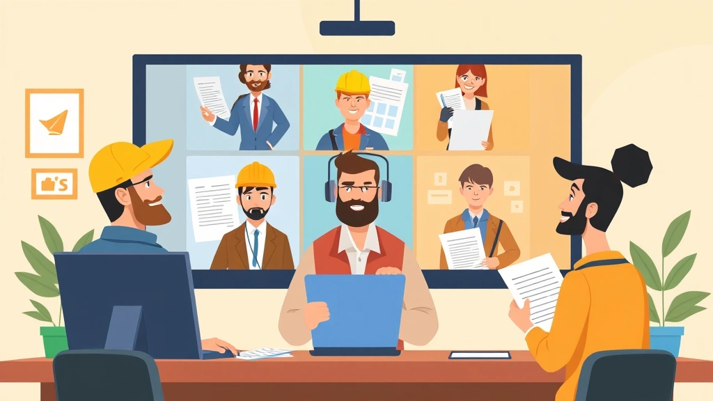 Cartoon diverse contractors collaborating through video call on screens with digital files and project documents, professional setting, vibrant illustration style