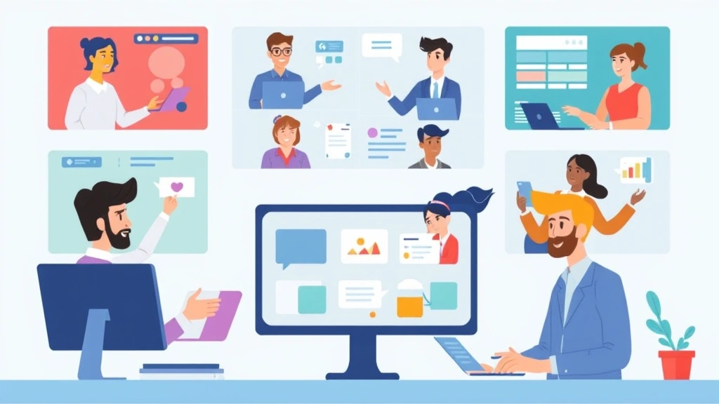 Animated diverse contractors collaborating virtually across screens, video calls, project management tools, colorful workspace elements, modern gig economy