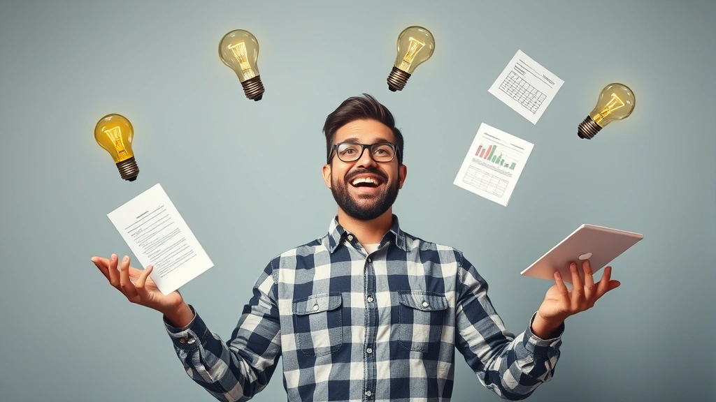 Cheerful independent contractor juggling multiple client project symbols (lightbulbs, documents, charts) in the air, representing diverse income streams and workload management