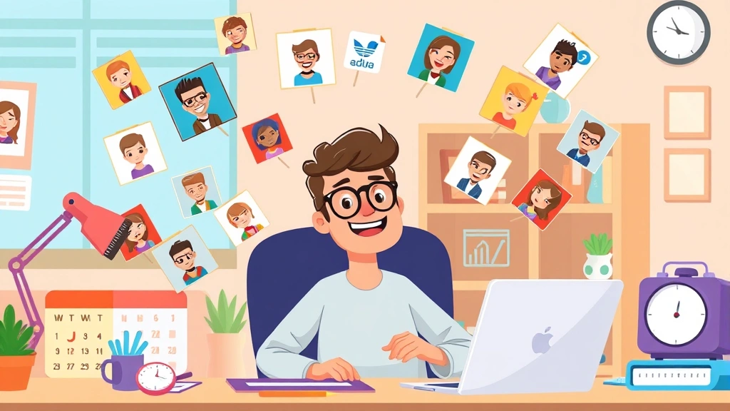 Cartoon freelancer juggling multiple colorful project folders and client faces, working from laptop at home desk, calendar and clock visible, energetic and productive atmosphere