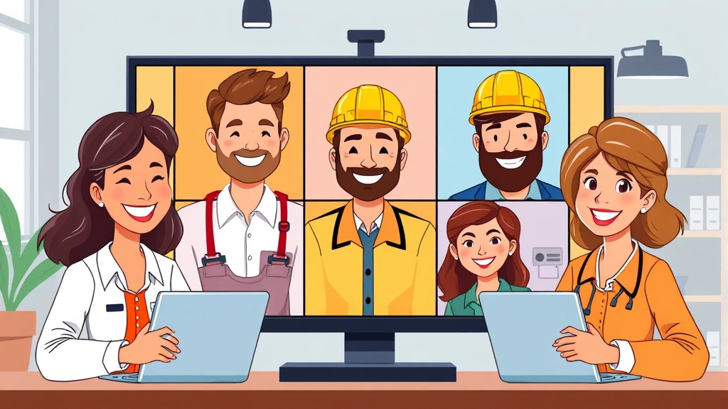 Cartoon diverse group of contractors collaborating on video call, smiling faces on screens, laptops and tablets visible, colorful professional setting, teamwork theme