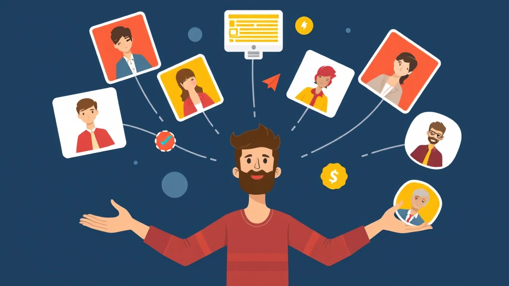 Animated freelancer juggling multiple colorful project icons and client avatars above their head, representing managing multiple 1099 contracts simultaneously with organized productivity