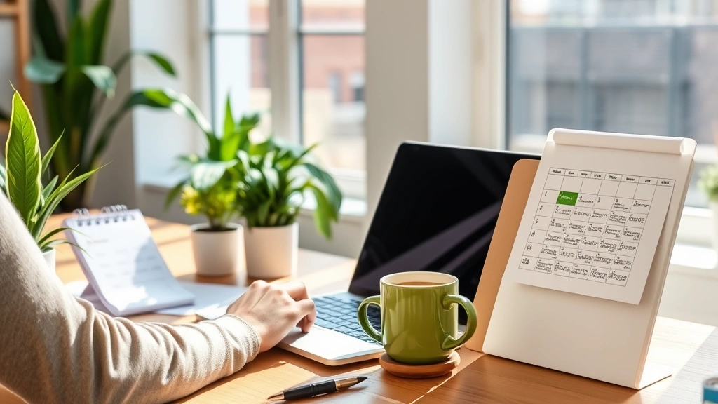 Independent contractor working on laptop at home office desk with plants, coffee cup, calendar showing quarterly dates, sunny window in background