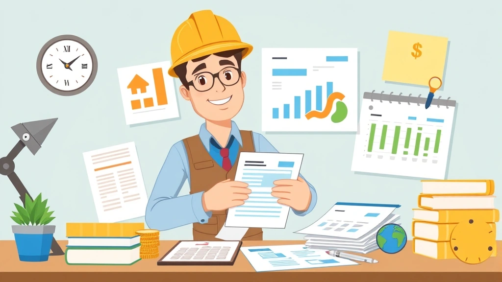 Cartoon graphic showing organized contractor managing finances with calculator, tax forms, calendar, and income tracking dashboard, representing financial responsibility and planning