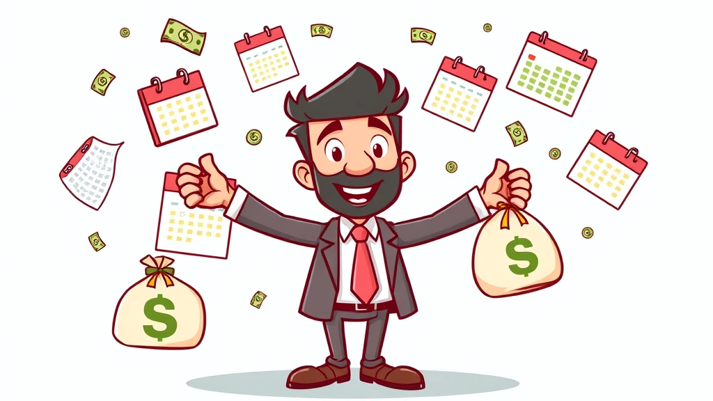 Cartoon character juggling money bags and calendars representing multiple clients, colorful income streams flowing in, organized and confident appearance