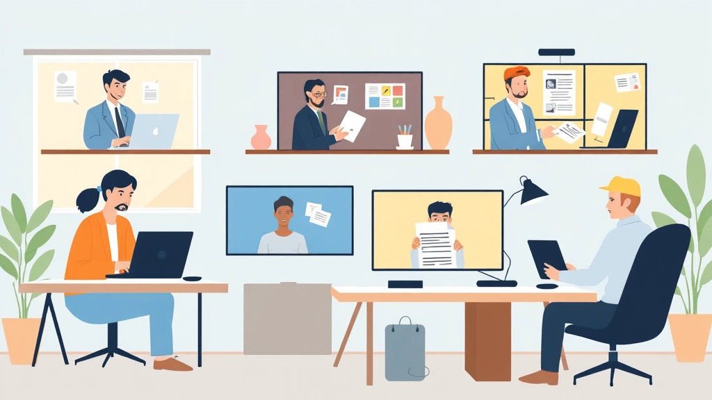 Illustration of diverse contractors collaborating remotely via video calls, using different devices in home offices, exchanging ideas and documents
