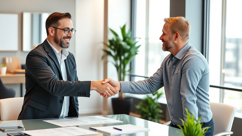 Happy contractor shaking hands with business client in office setting, both smiling, professional attire, financial documents on table, collaborative atmosphere