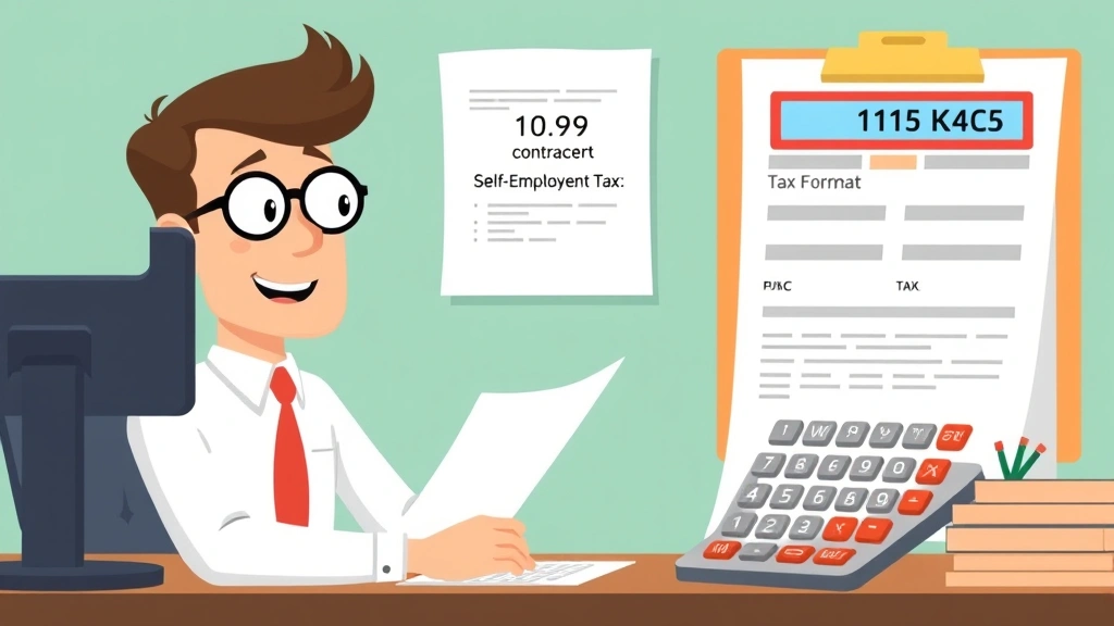 Animated accountant reviewing tax documents and calculator with self-employment tax forms, showing 1099 contractor managing quarterly tax payments