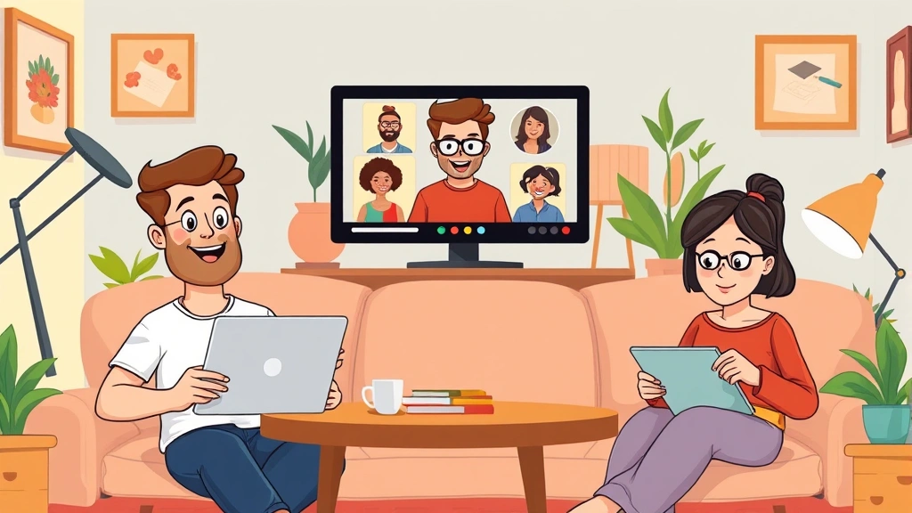 Cartoon diverse group of freelancers working remotely - one on video call, one designing on tablet, one writing, all in comfortable home settings with warm lighting