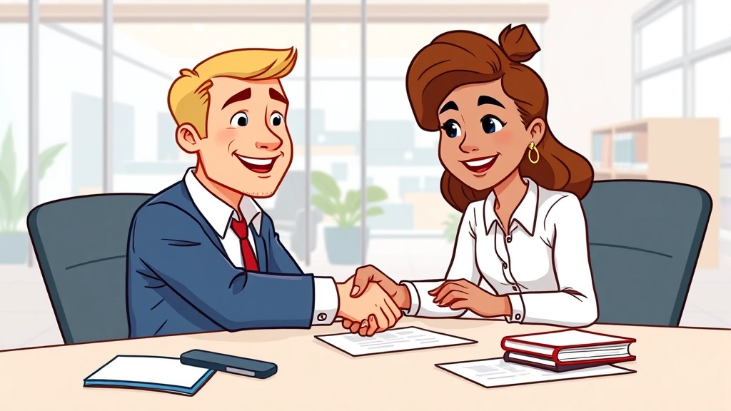 Cartoon contractor shaking hands with client across desk, contract documents visible, modern office background, both smiling professionally, diverse characters