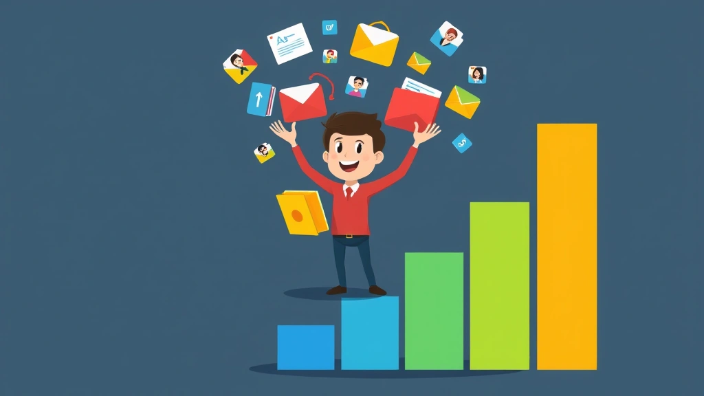 Cartoon character juggling multiple colored project folders and client icons while standing on growing bar chart, representing scaling a freelance business