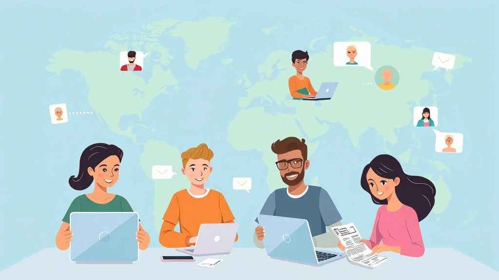 Cartoon diverse group of freelancers collaborating virtually across different locations with laptops, video calls, and documents, showing remote teamwork and global connection