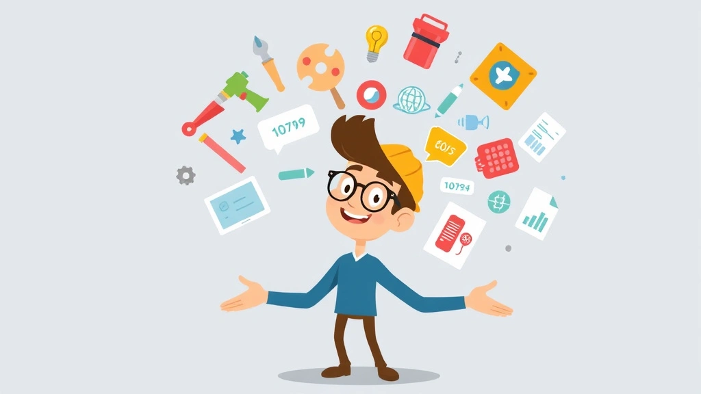 Cartoon character juggling various 1099 industry icons including construction tools, creative palettes, tech gadgets, healthcare symbols, and business documents, showing the diversity of contract work opportunities available