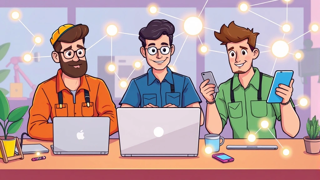 Cartoon diverse group of contractors working remotely on different devices - laptop, tablet, phone - connected by glowing lines representing network and collaboration in vibrant workspace