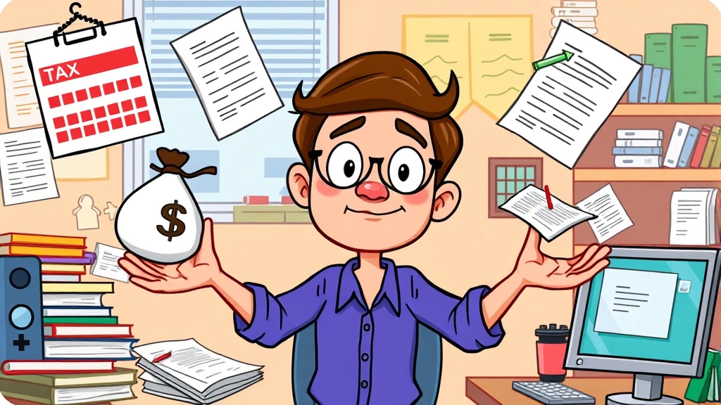Cartoon character juggling multiple tasks: calendar, tax forms, money bag, contracts, and computer screen, organized chaos, colorful workspace, focused determined face