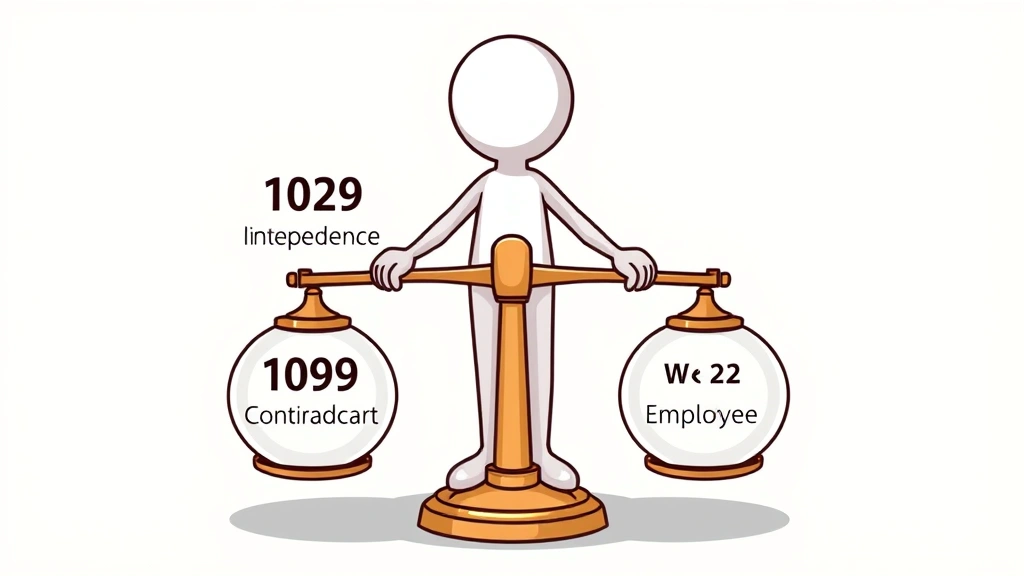 Cartoon figure weighing scales balancing 1099 contractor independence and freedom on one side versus W-2 employee benefits and stability on the other, balanced design