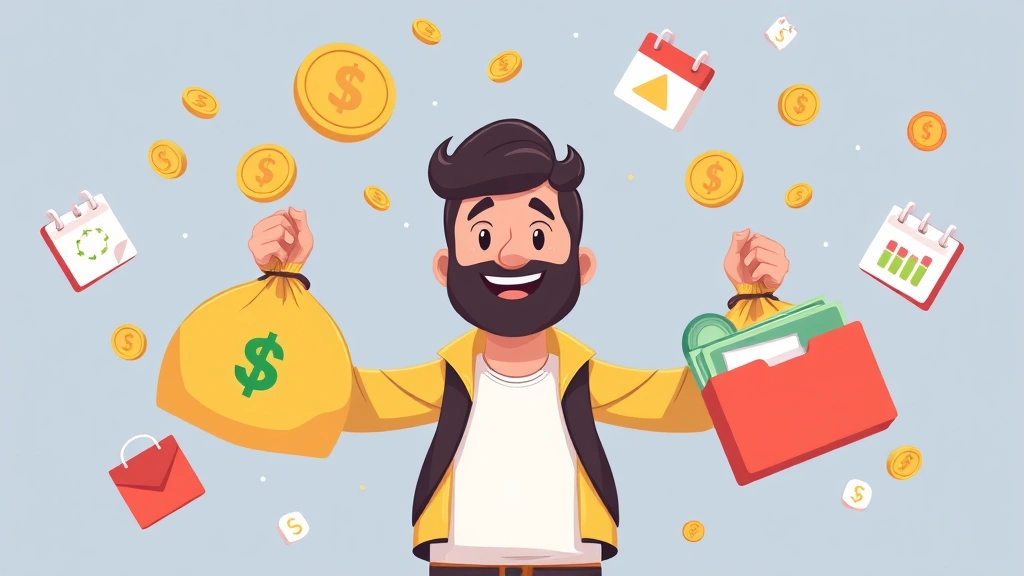 Cartoon freelancer character juggling money bags and project folders, surrounded by floating coins and calendar icons, representing diverse income streams and time management, vibrant colors