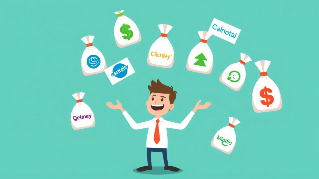 Cartoon character juggling multiple income streams represented by floating money bags and client logos, illustrating portfolio approach and multiple revenue sources available to independent contractors