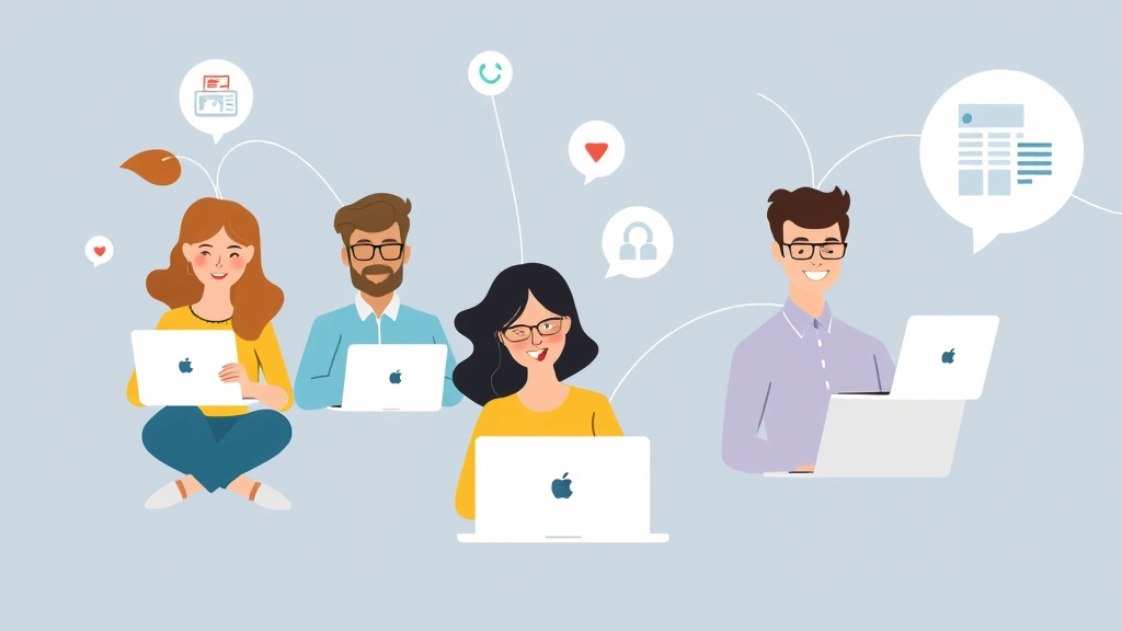 Cartoon diverse group of professionals (developer, designer, writer, consultant) working remotely on different devices, connected by lines showing collaboration and networking