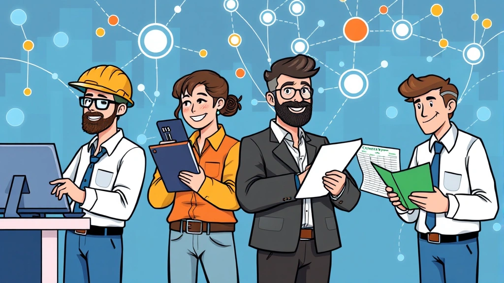 Diverse contractors in different industries: software developer coding, designer working on graphics, consultant presenting ideas, accountant reviewing spreadsheets, all connected by network nodes, vibrant cartoon artwork