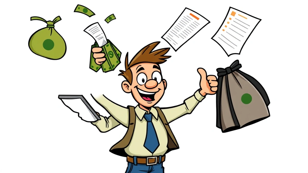 Cartoon character juggling money bags, tax forms, and business documents with a determined smile, representing financial management and tax obligations for contractors